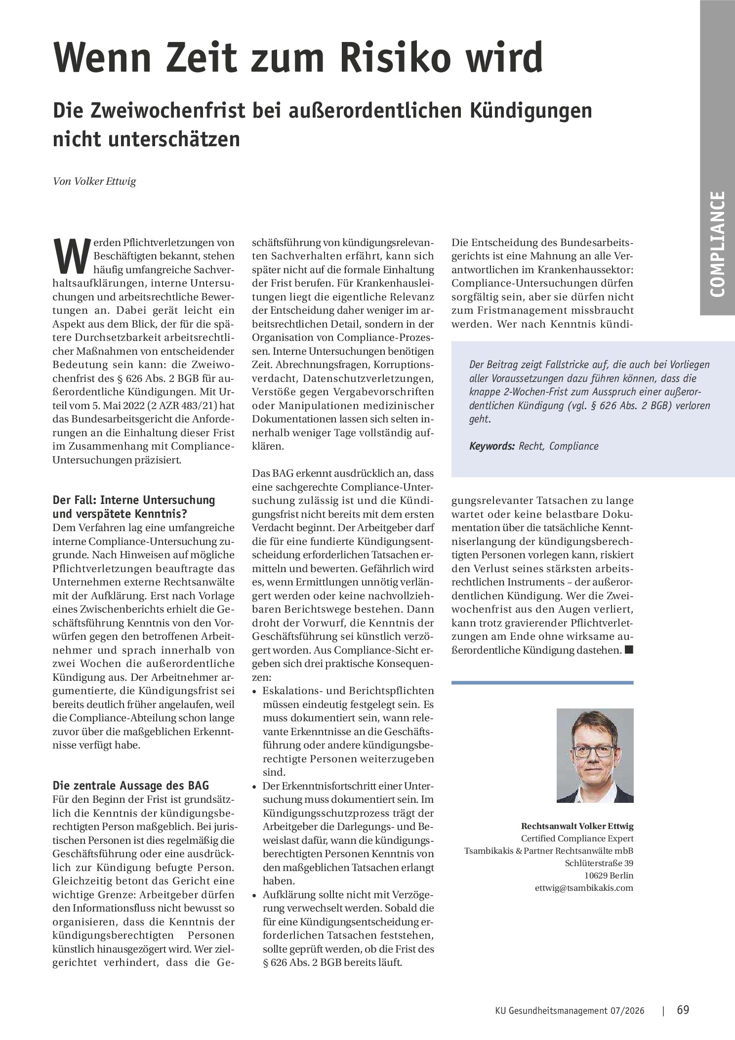 Vorschauseite 1: Wenn Zeit zum Risiko wird: Die Zweiwochenfrist bei außerordentlichen Kündigungen nicht unterschätzen