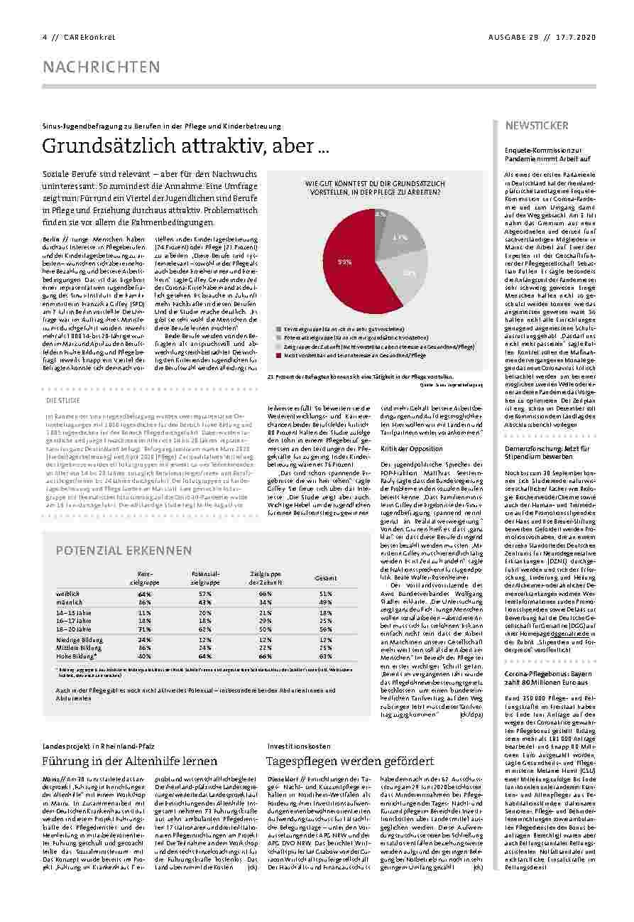 Vorschauseite 1: Sinus-Jugendbefragung zu Berufen in der Pflege und Kinderbetreuung Grundsätzlich attraktiv, aber...