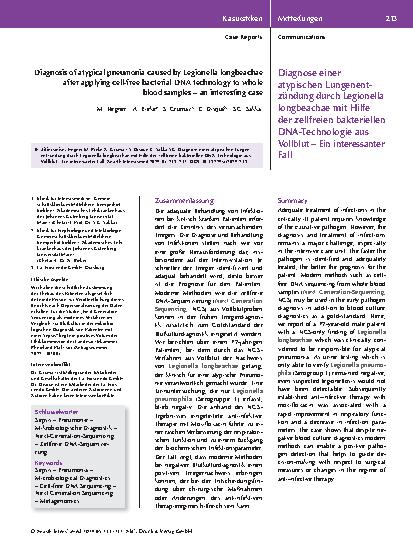 Vorschauseite 1: Diagnose einer atypischen Lungenentzündung durch Legionella longbeachae mit Hilfe der zellfreien bakteriellen DNA-Technologie aus Vollblut – Ein interessanter Fall