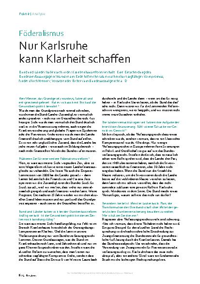 Vorschauseite 1: Föderalismus Nur Karlsruhe kann Klarheit schaffen.
