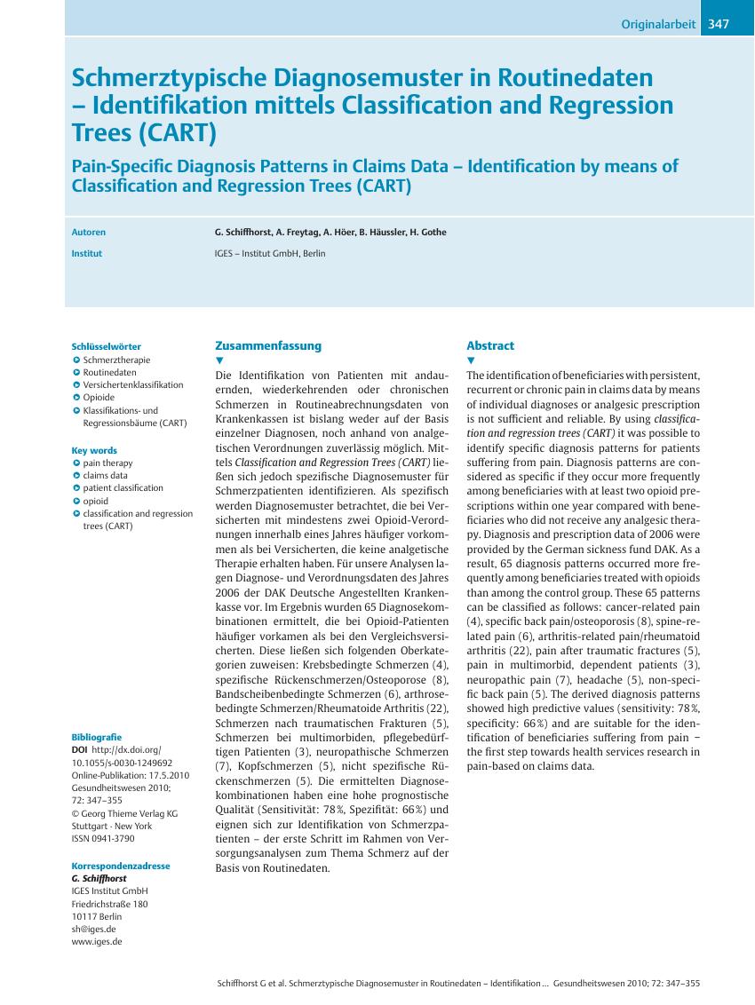 Vorschauseite 1: Schmerztypische Diagnosemuster in Routinedaten – Identifikation mittels Classification and Regression Trees (CART)