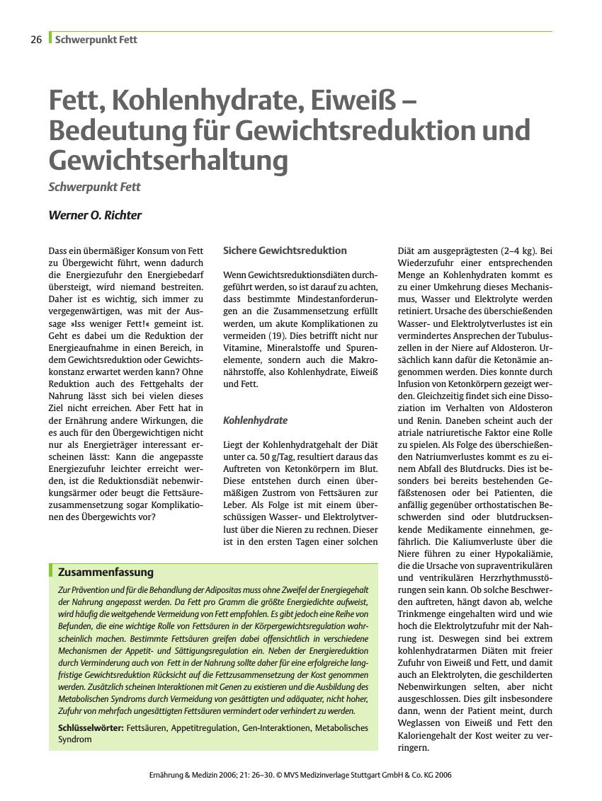 Vorschauseite 1: Fett, Kohlenhydrate, Eiweiß - Bedeutung für Gewichtsreduktion und Gewichtserhaltung