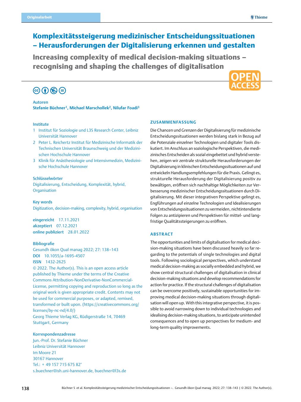 Vorschauseite 1: Komplexitätssteigerung medizinischer Entscheidungssituationen – Herausforderungen der Digitalisierung erkennen und gestalten