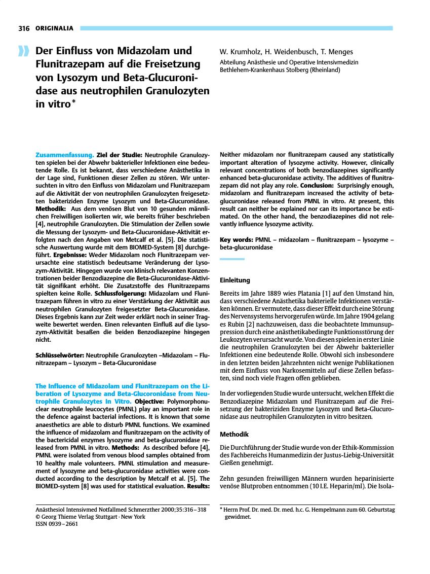 Vorschauseite 1: Der Einfluss von Midazolam und Flunitrazepam auf die Freisetzung von Lysozym und Beta-Glucuronidase aus neutrophilen Granulozyten in vitro*