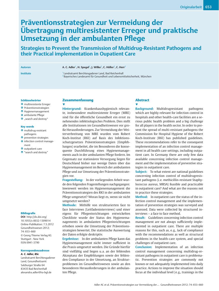 Vorschauseite 1: Präventionsstrategien zur Vermeidung der Übertragung multiresistenter Erreger und praktische Umsetzung in der ambulanten Pflege