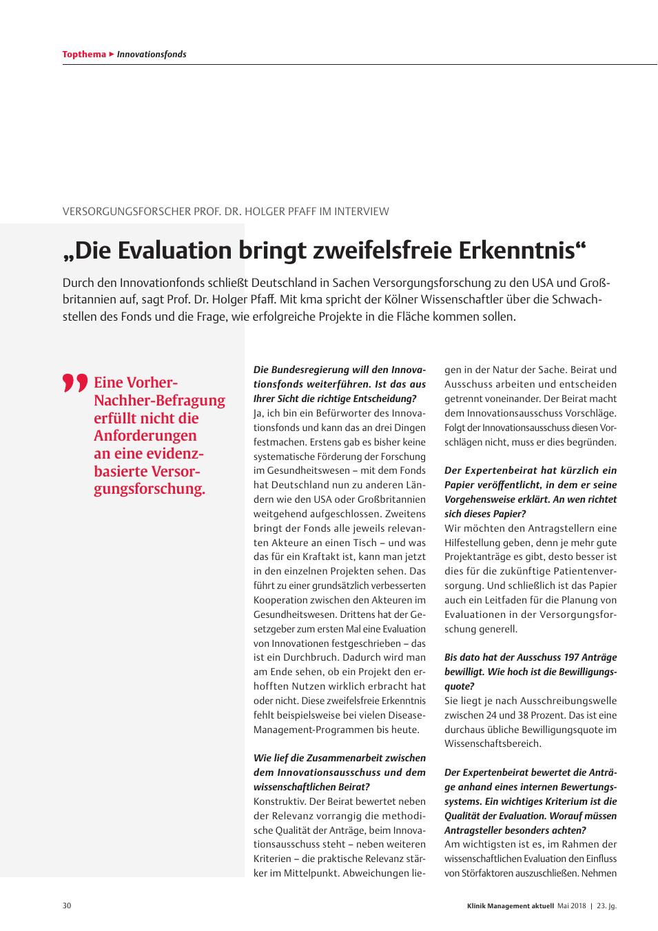 Vorschauseite 1: Versorgungsforscher Prof. Dr. Holger Pfaff im Interview: „Die Evaluation bringt zweifelsfreie Erkenntnis“
