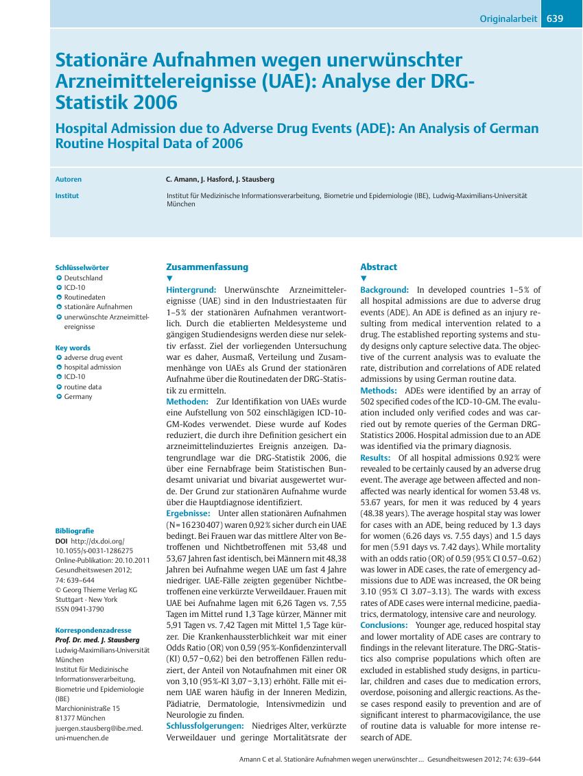 Vorschauseite 1: Stationäre Aufnahmen wegen unerwünschter Arzneimittelereignisse (UAE): Analyse der DRG-Statistik 2006