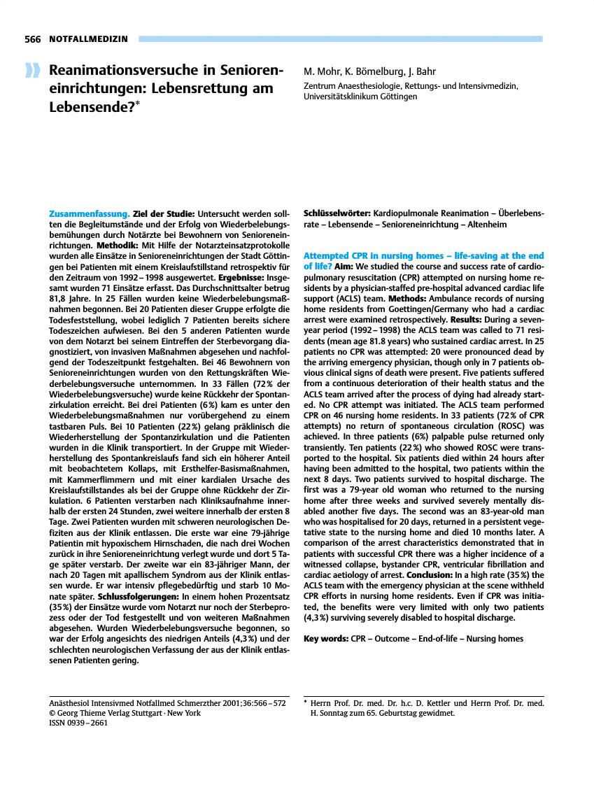 Vorschauseite 1: Reanimationsversuche in Senioreneinrichtungen: Lebensrettung am Lebensende?