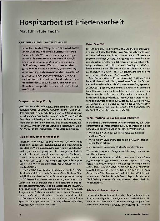 Vorschauseite 1: Hospizarbeit ist Friedensarbeit. Mut zur Trauer finden.
