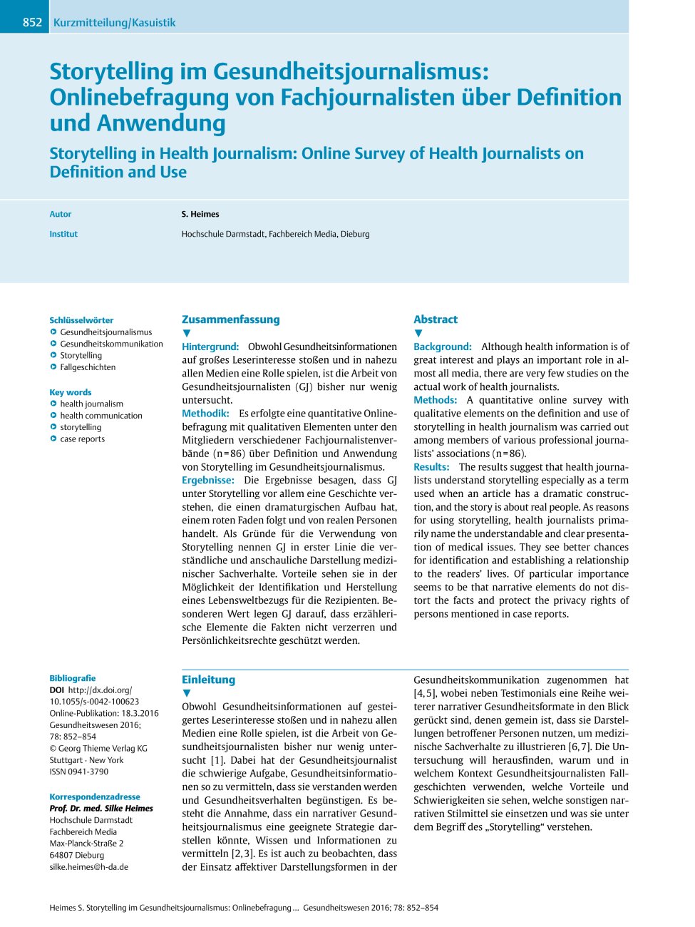 Vorschauseite 1: Storytelling im Gesundheitsjournalismus: Onlinebefragung von Fachjournalisten über Definition und Anwendung