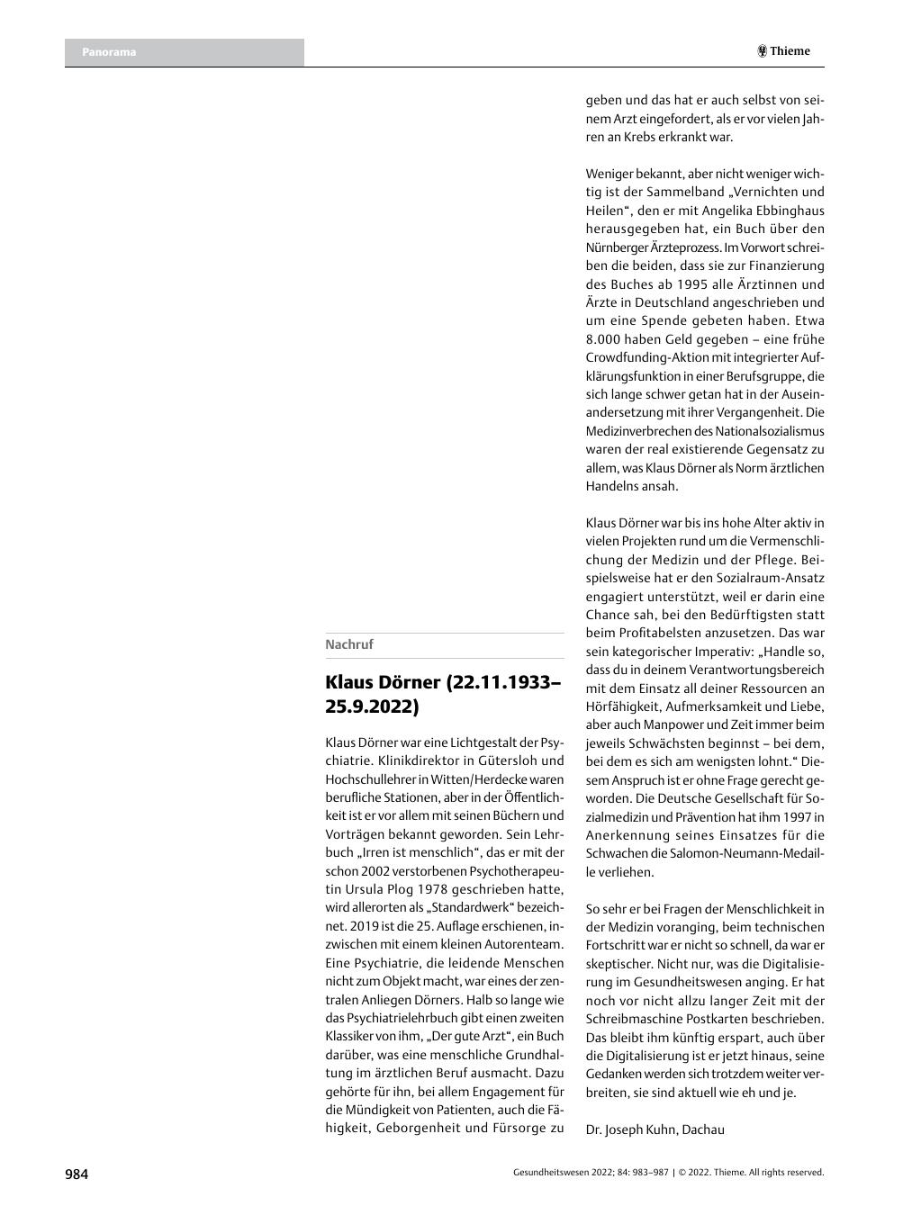 Vorschauseite 1: Klaus Dörner (22.11.1933– 25.9.2022)