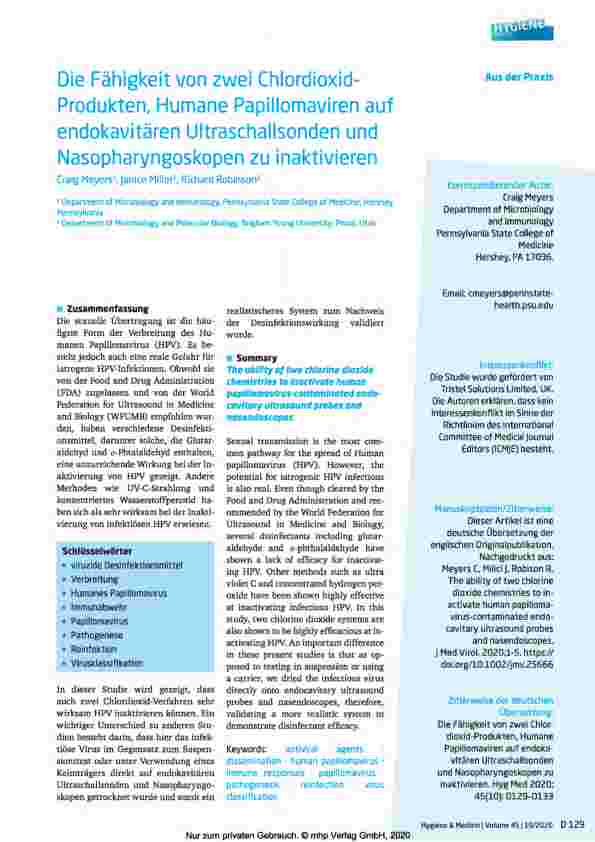 Vorschauseite 1: Die Fähigkeit von zwei Chlordioxid-Produkten, humane Papillomaviren auf endokavitären Ultraschallsonden und aus der Praxis Nasopharyngoskopen zu inaktivieren.