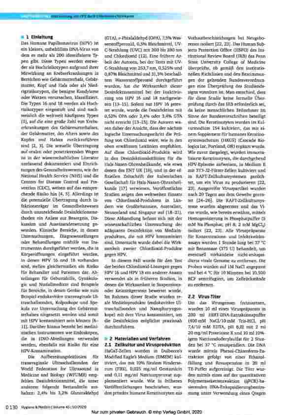 Vorschauseite 2: Die Fähigkeit von zwei Chlordioxid-Produkten, humane Papillomaviren auf endokavitären Ultraschallsonden und aus der Praxis Nasopharyngoskopen zu inaktivieren.