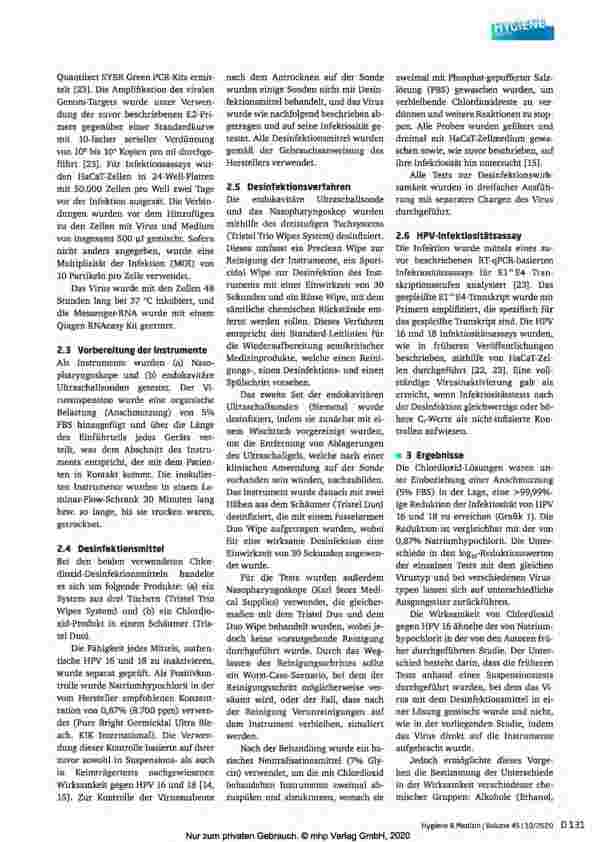 Vorschauseite 3: Die Fähigkeit von zwei Chlordioxid-Produkten, humane Papillomaviren auf endokavitären Ultraschallsonden und aus der Praxis Nasopharyngoskopen zu inaktivieren.