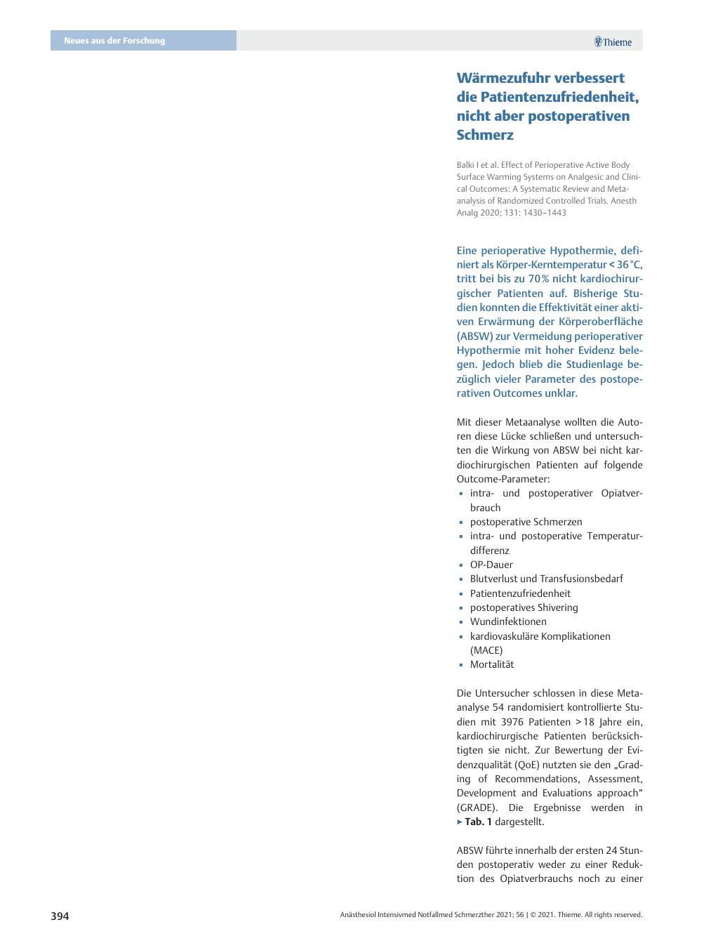 Vorschauseite 1: Wärmezufuhr verbessert die Patientenzufriedenheit, nicht aber postoperativen Schmerz.