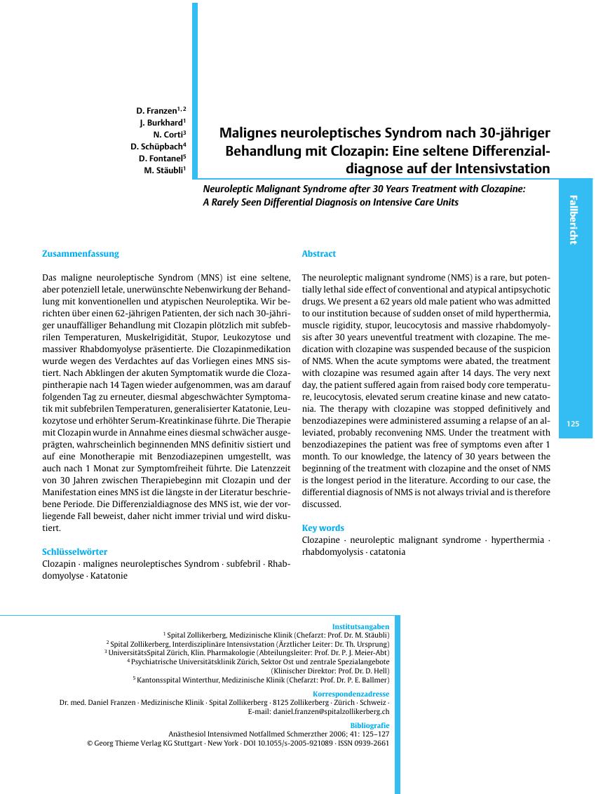 Vorschauseite 1: Malignes neuroleptisches Syndrom nach 30-jähriger Behandlung mit Clozapin: Eine seltene Differenzialdiagnose auf der Intensivstation
