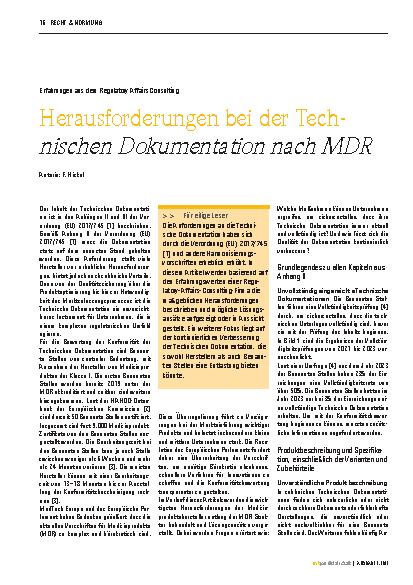 Vorschauseite 1: Herausforderungen bei der Technischen Dokumentation nach MDR