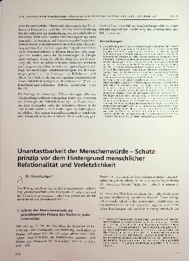 Vorschauseite 1: Unantastbarkeit der Menschenwürde - Schutzprinzip vor dem Hintergrund menschlicher Relationalität und Verletzlichkeit