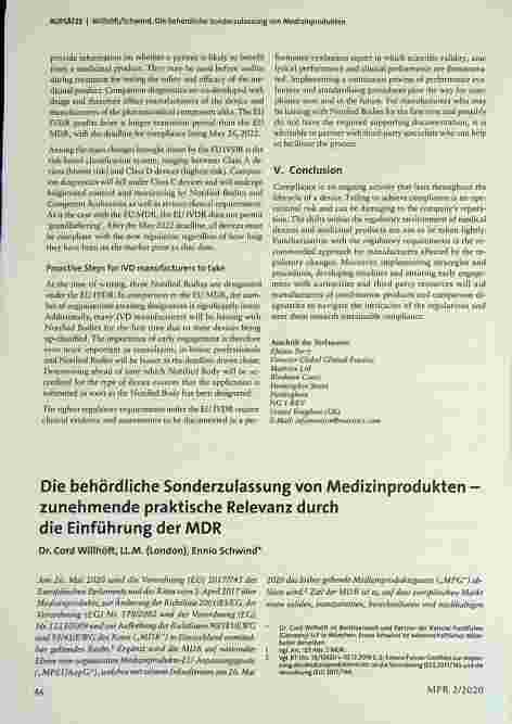Vorschauseite 1: Die behördliche Sonderzulassung von Medizinprodukten - zunehmende praktische Relevanz durch die Einführung der MDR