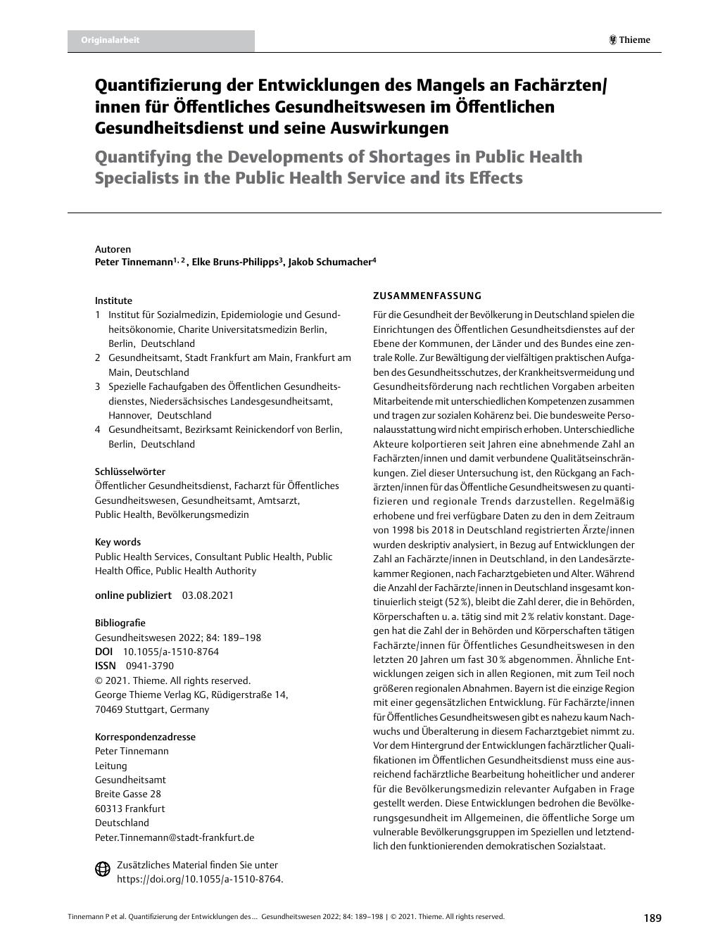 Vorschauseite 1: Quantifizierung der Entwicklungen des Mangels an Fachärzten/-innen für Öffentliches Gesundheitswesen im Öffentlichen Gesundheitsdienst und seine Auswirkungen