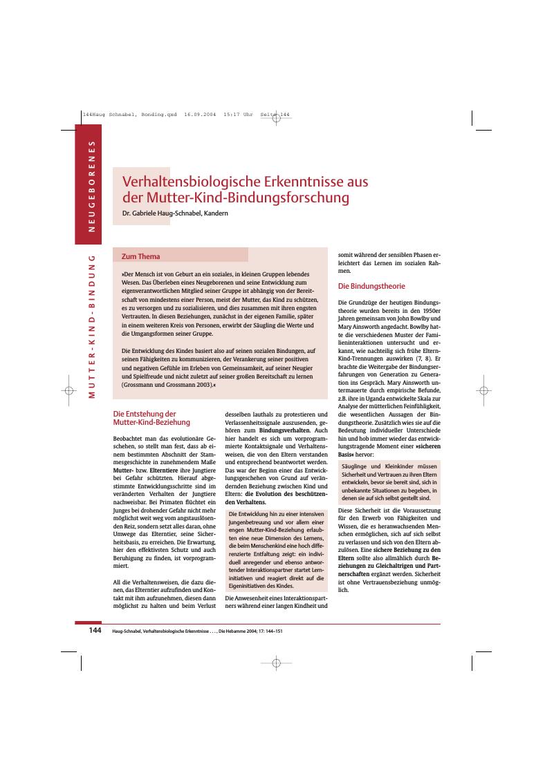 Vorschauseite 1: Verhaltensbiologische Erkenntnisse aus der Mutter-Kind-Bindungsforschung