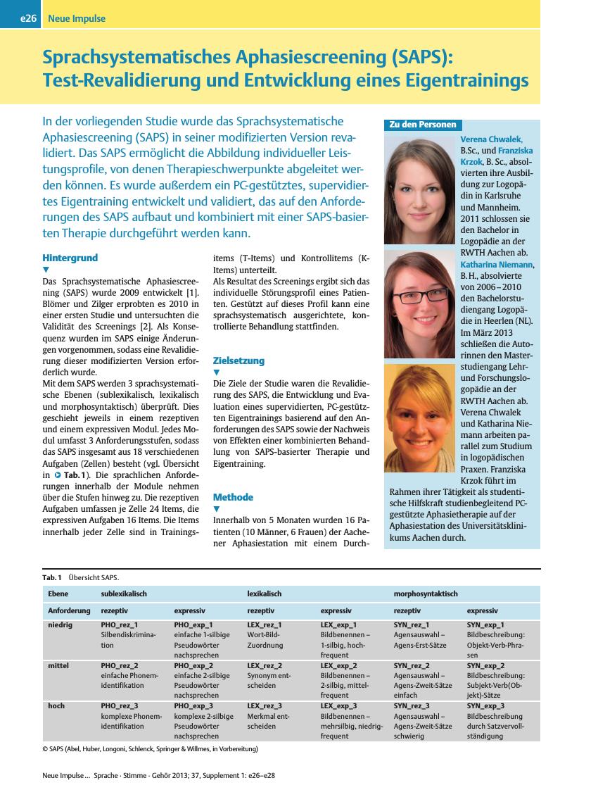 Vorschauseite 1: Sprachsystematisches Aphasiescreening (SAPS): Test-Revalidierung und Entwicklung eines Eigentrainings