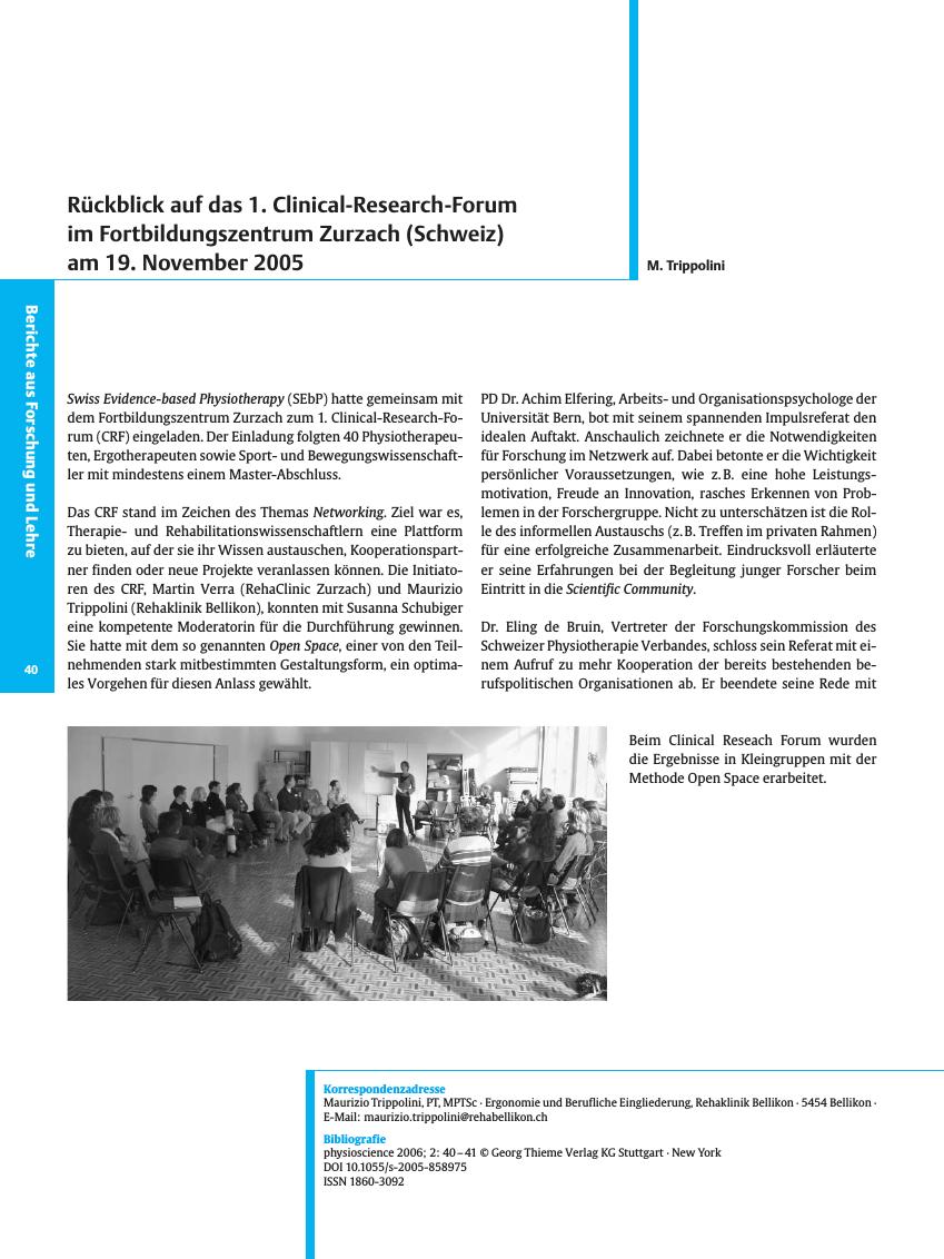 Vorschauseite 1: Rückblick auf das 1. Clinical-Research-Forum im Fortbildungszentrum Zurzach (Schweiz) am 19. November 2005