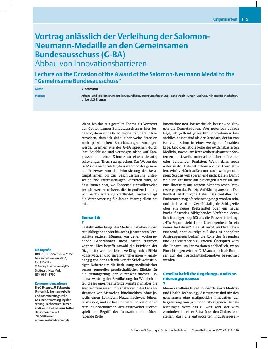 Vorschauseite 1: Vortrag anlässlich der Verleihung der Salomon-Neumann-Medaille an den Gemeinsamen Bundesausschuss (G-BA)