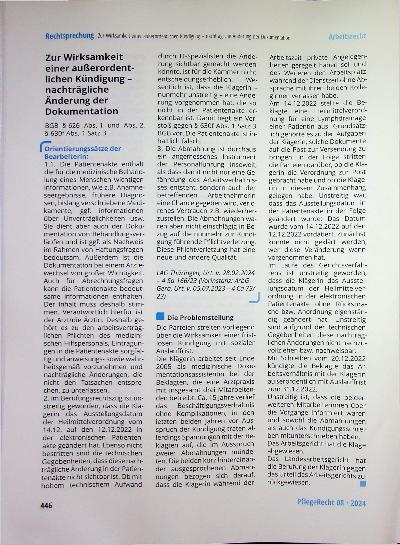 Vorschauseite 1: Zur Wirksamkeit einer außerordentlichen Kündigung - nachträgliche Änderung der Dokumentation
