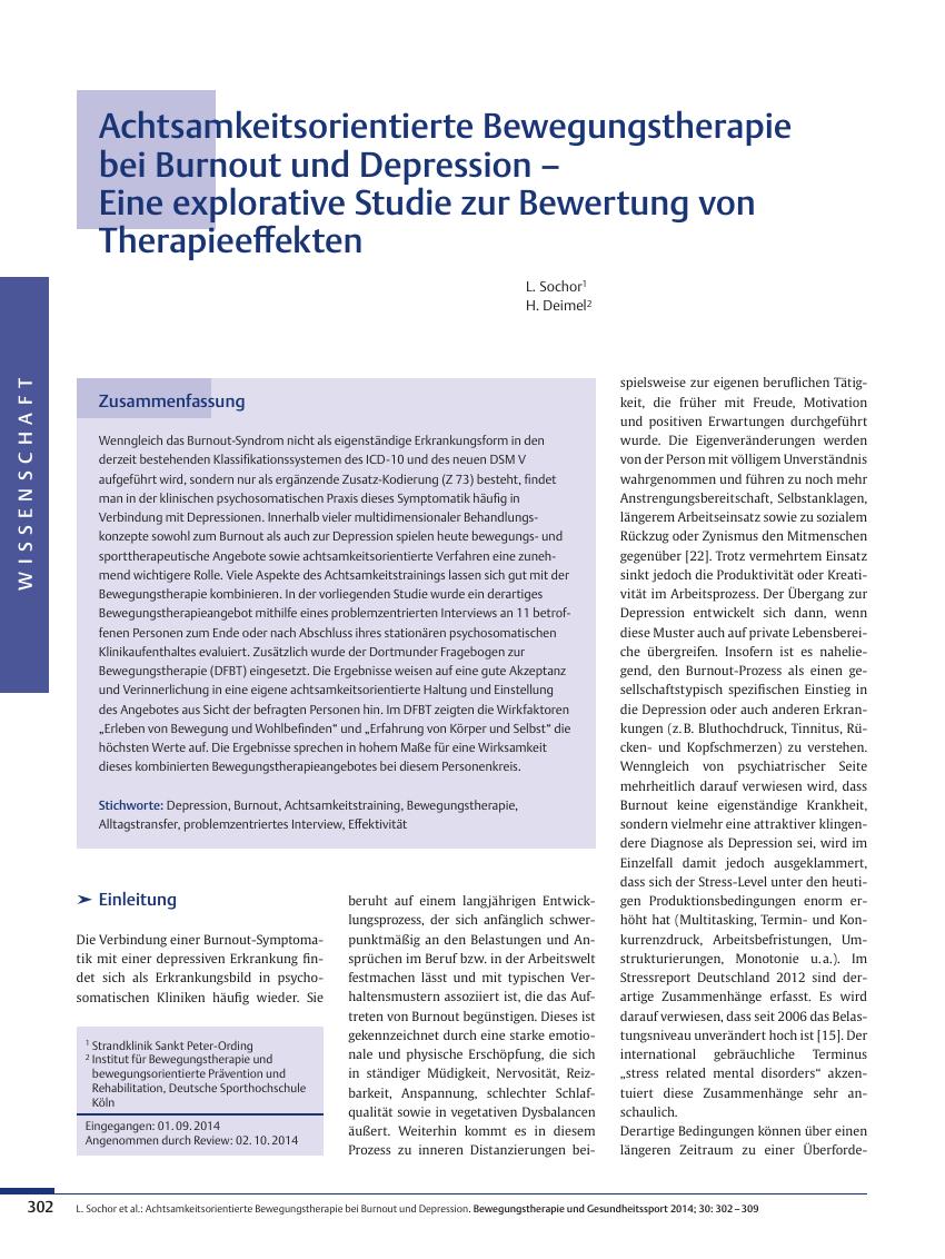 Vorschauseite 1: Achtsamkeitsorientierte Bewegungstherapie bei Burnout und Depression – Eine explorative Studie zur Bewertung von Therapieeffekten