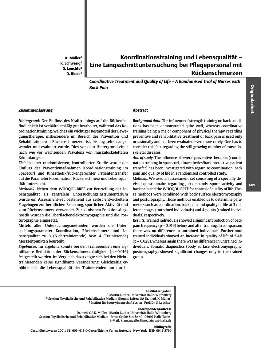 Vorschauseite 1: Koordinationstraining und Lebensqualität - Eine Längsschnittuntersuchung bei Pflegepersonal mit Rückenschmerzen