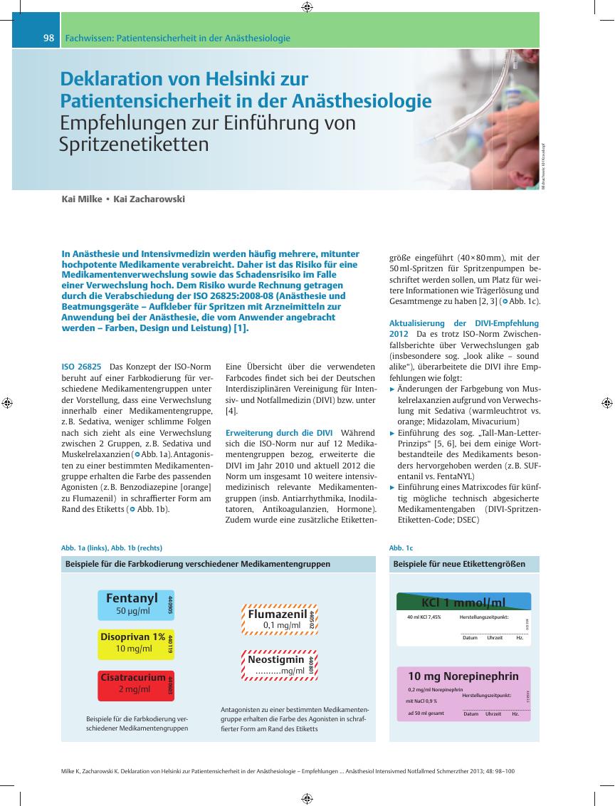Vorschauseite 1: Deklaration von Helsinki zur Patientensicherheit in der Anästhesiologie – Empfehlungen zur Einführung von Spritzenetiketten