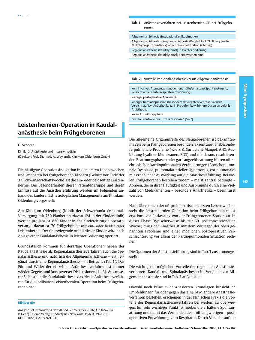 Vorschauseite 1: Leistenhernien-Operation in Kaudalanästhesie beim Frühgeborenen