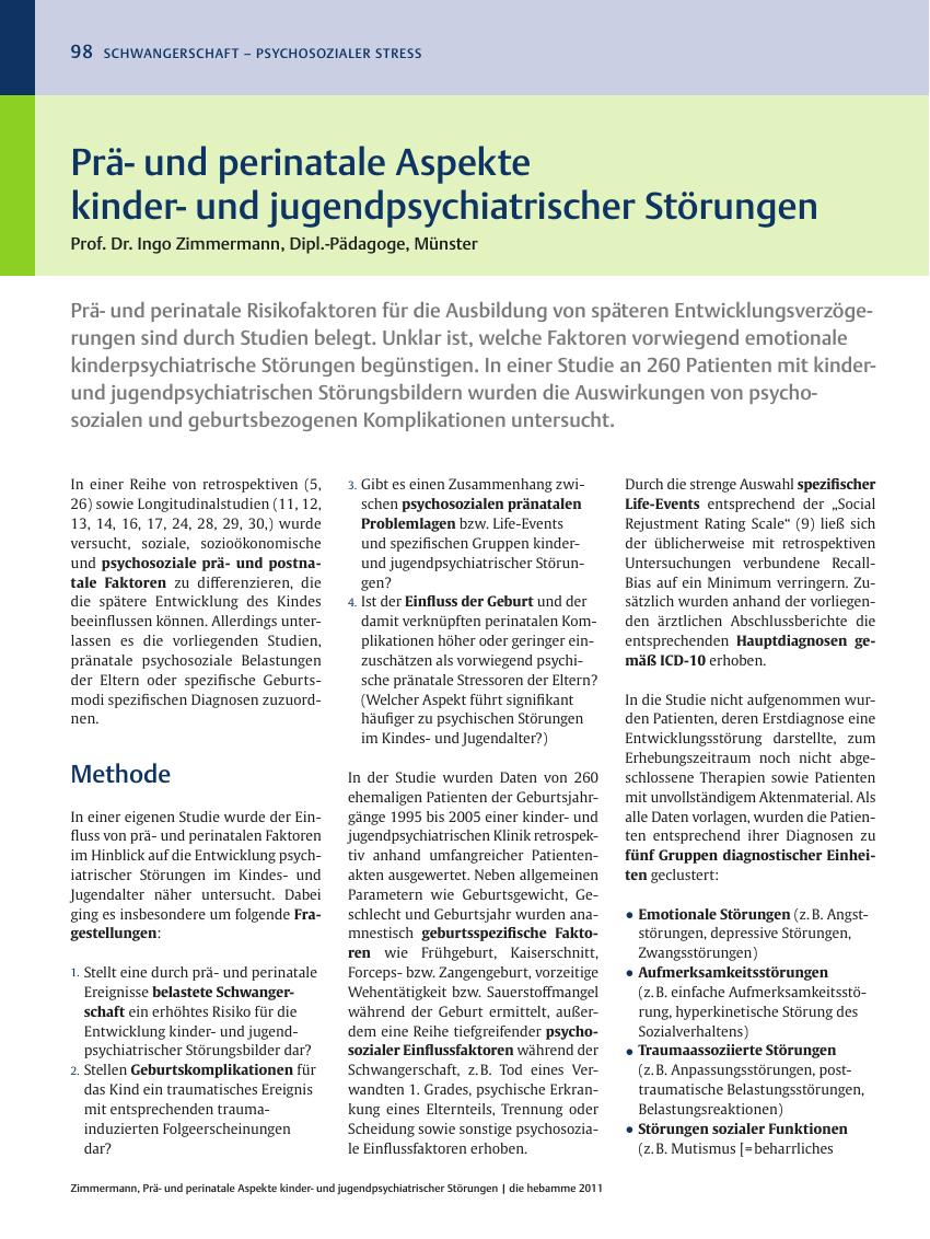 Vorschauseite 1: Präund perinatale Aspekte kinderund jugendpsychiatrischer Störungen