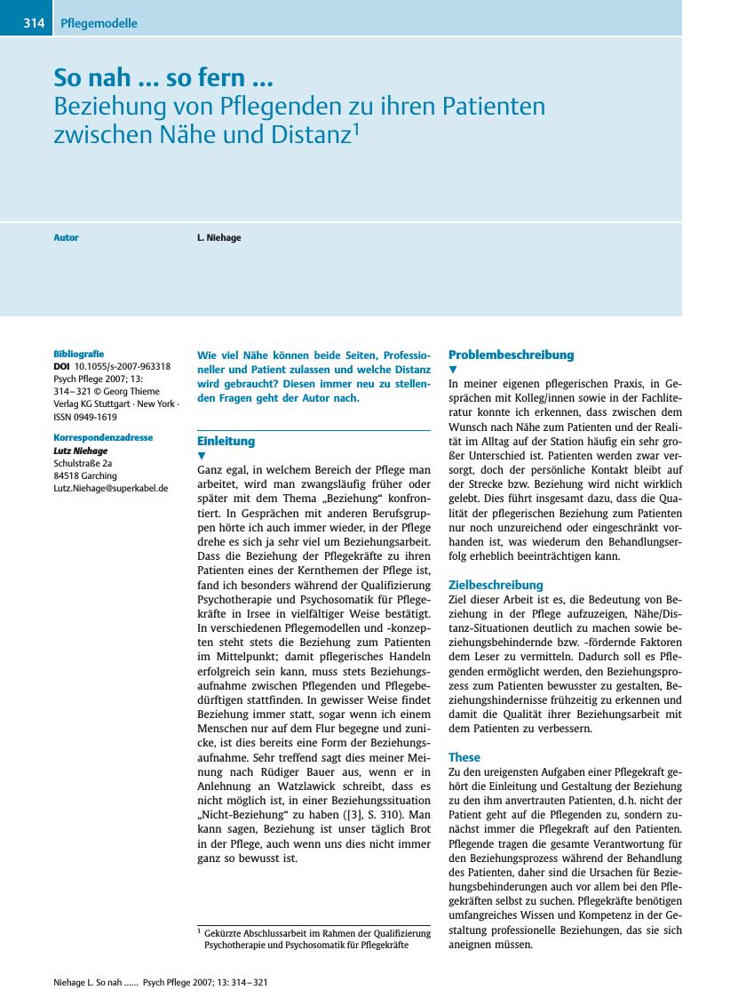 Vorschauseite 1: So nah … so fern ... - Beziehung von Pflegenden zu ihren Patienten zwischen Nähe und Distanz