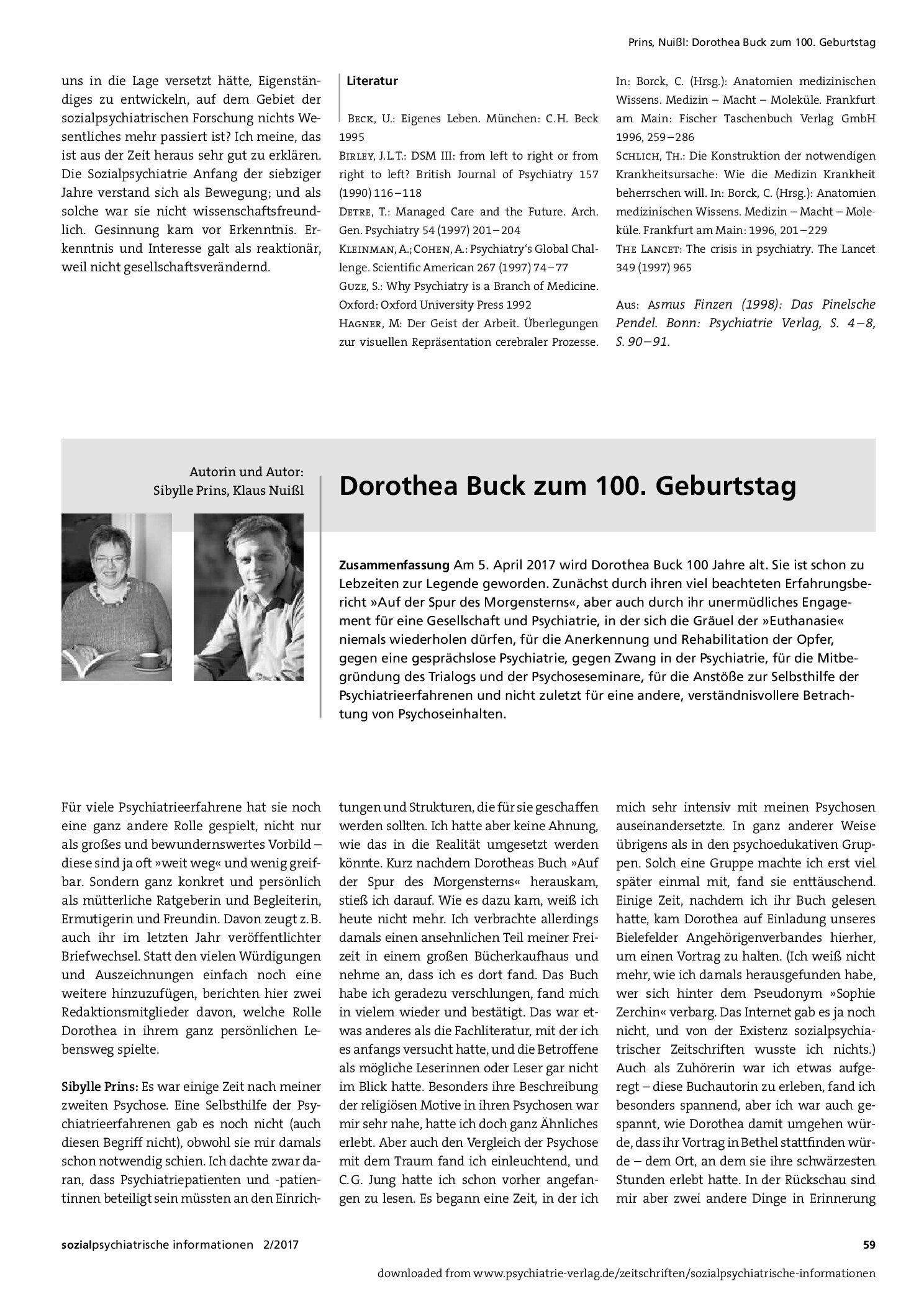 Vorschauseite 1: Dorothea Buck zum 100. Geburtstag