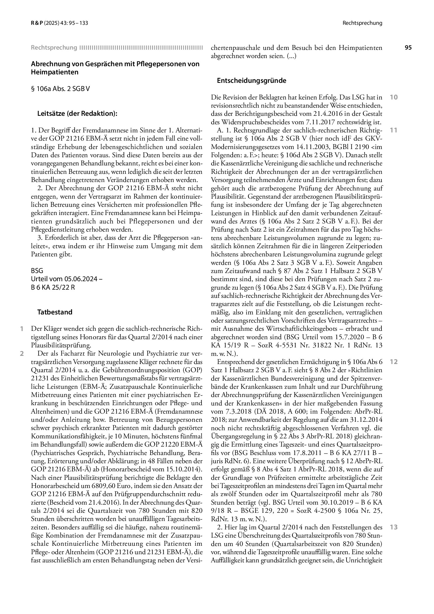 Vorschauseite 1: Abrechnung von Gesprächen mit Pflegepersonen von Heimpatienten