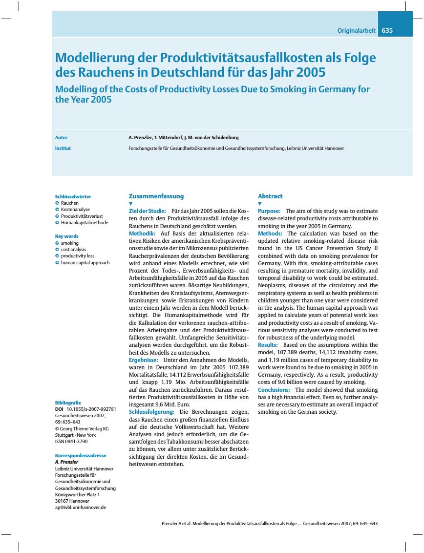 Vorschauseite 1: Modellierung der Produktivitätsausfallkosten als Folge des Rauchens in Deutschland für das Jahr 2005