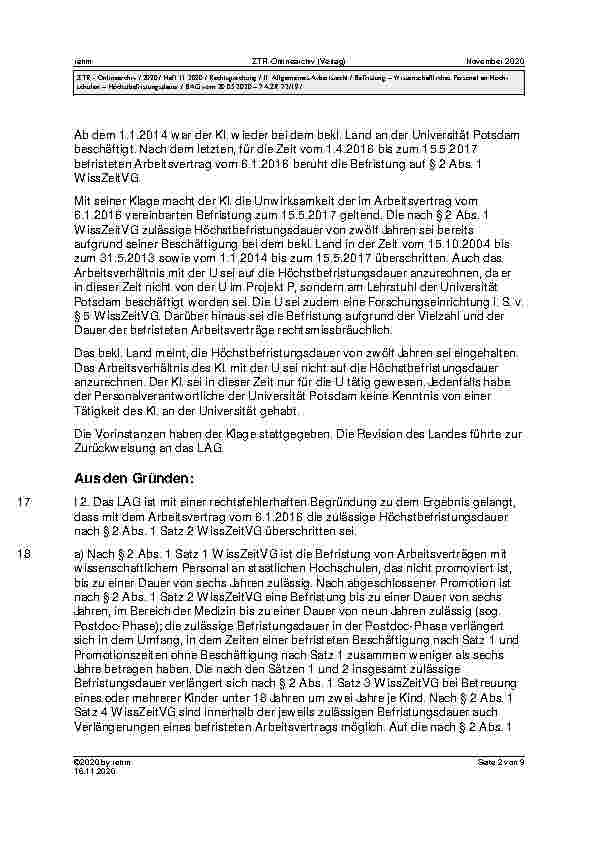 Vorschauseite 2: BAG vom 20.05.2020 – 7 AZR 72/19 Urteil des Bundesarbeitsgerichts vom 20.05.2020 – 7 AZR 72/19 WissZeitVG (in der bis zum 16. März 2016 geltenden Fassung) § 2 Abs. 1, Abs. 3; BGB…