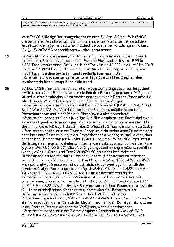 Vorschauseite 3: BAG vom 20.05.2020 – 7 AZR 72/19 Urteil des Bundesarbeitsgerichts vom 20.05.2020 – 7 AZR 72/19 WissZeitVG (in der bis zum 16. März 2016 geltenden Fassung) § 2 Abs. 1, Abs. 3; BGB…