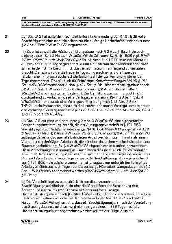 Vorschauseite 4: BAG vom 20.05.2020 – 7 AZR 72/19 Urteil des Bundesarbeitsgerichts vom 20.05.2020 – 7 AZR 72/19 WissZeitVG (in der bis zum 16. März 2016 geltenden Fassung) § 2 Abs. 1, Abs. 3; BGB…