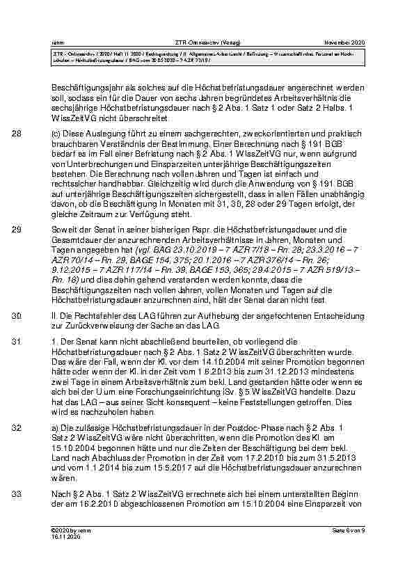 Vorschauseite 6: BAG vom 20.05.2020 – 7 AZR 72/19 Urteil des Bundesarbeitsgerichts vom 20.05.2020 – 7 AZR 72/19 WissZeitVG (in der bis zum 16. März 2016 geltenden Fassung) § 2 Abs. 1, Abs. 3; BGB…