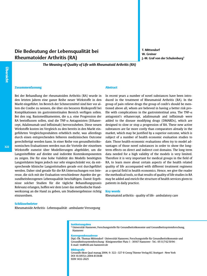Vorschauseite 1: Die Bedeutung der Lebensqualität bei Rheumatoider Arthritis (RA)