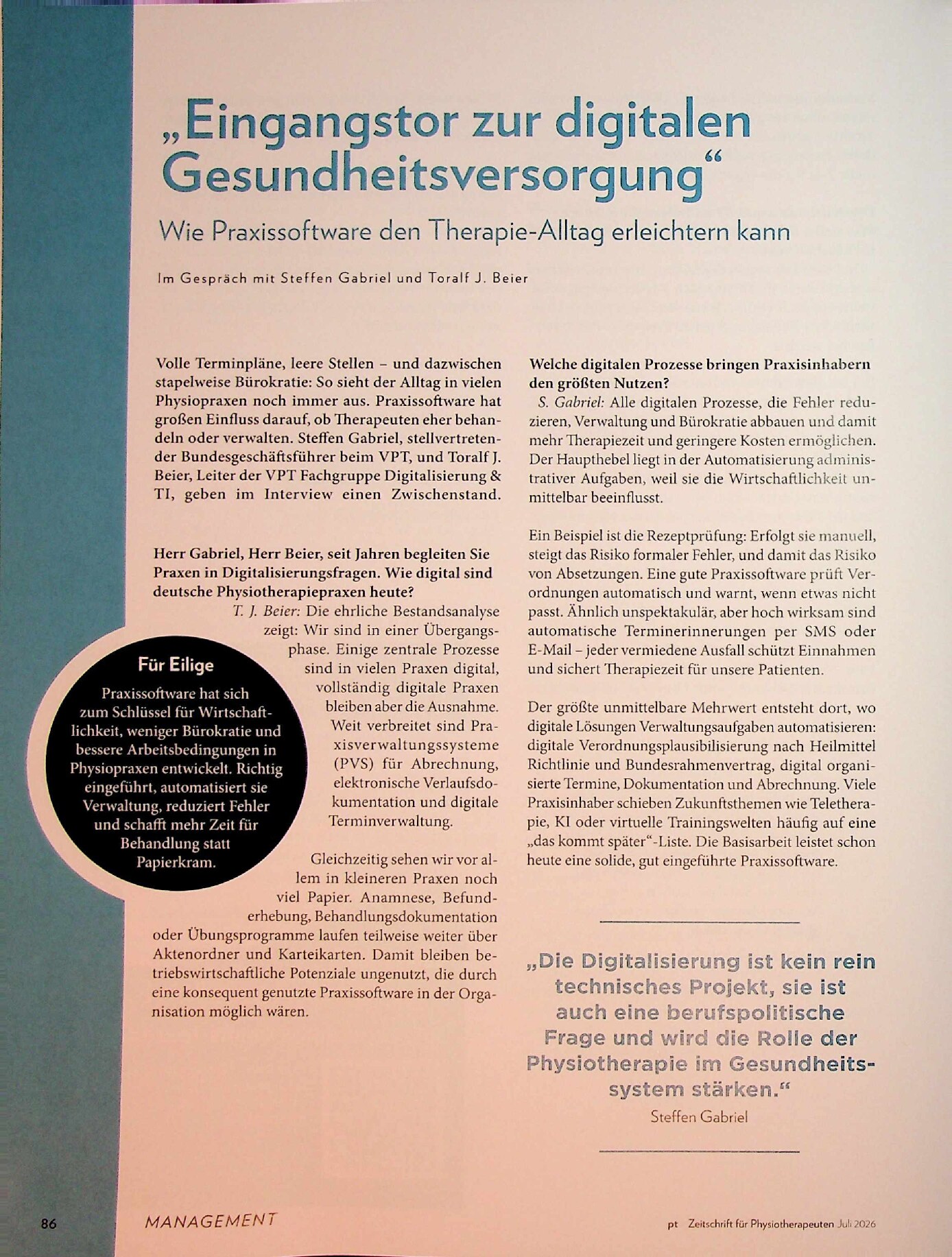 Vorschauseite 1: „Eingangstor zur digitalen Gesundheitsversorgung“ – Wie Praxissoftware den Therapie-Alltag erleichtern kann