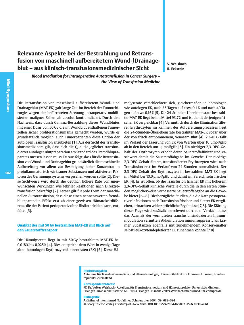 Vorschauseite 1: 3. Internationales Symposium: „Autologe Transfusion - Von der Euphorie zur Ratio: Praktisches Handeln aus wissenschaftlicher Sicht” (Teil II)Relevante Aspekte bei der Bestrahlung…