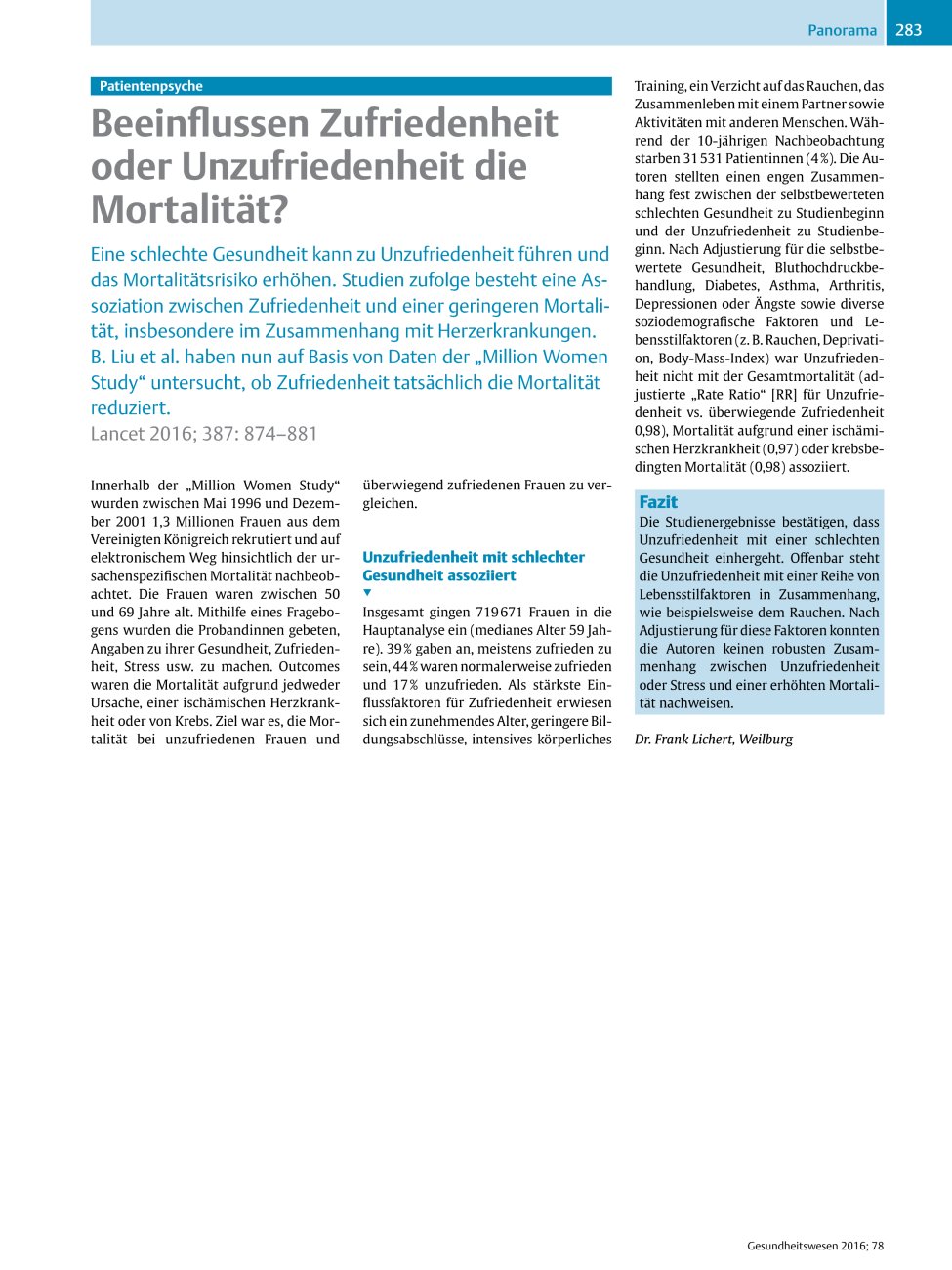 Vorschauseite 1: Beeinflussen Zufriedenheit oder Unzufriedenheit die Mortalität?