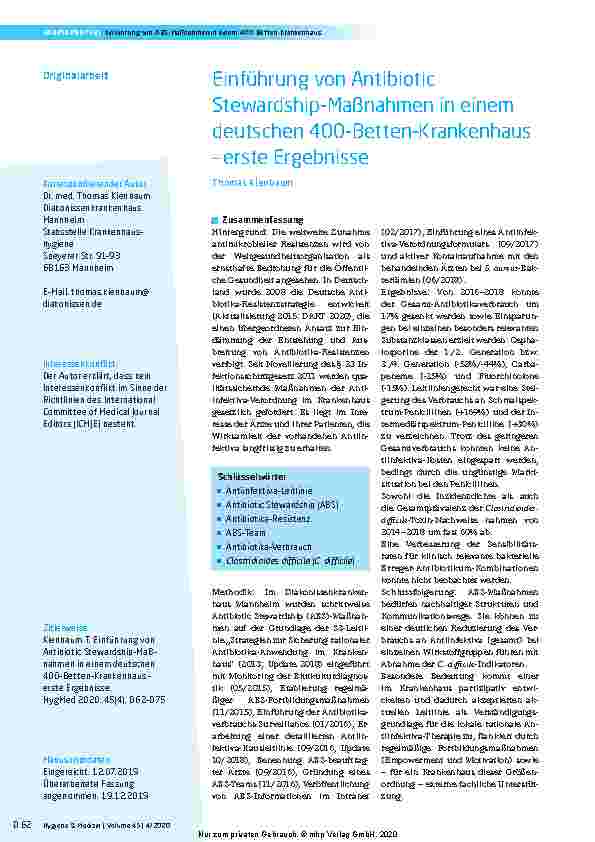 Vorschauseite 1: Einführung von Antibiotic Stewardship-Maßnahmen in einem deutschen 400-Betten-Krankenhaus – erste Ergebnisse