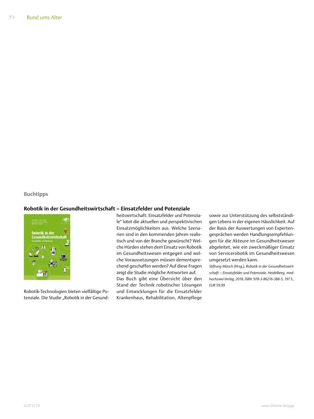 Vorschauseite 1: Buchtipp: Robotik in der Gesundheitswirtschaft – Einsatzfelder und Potenziale