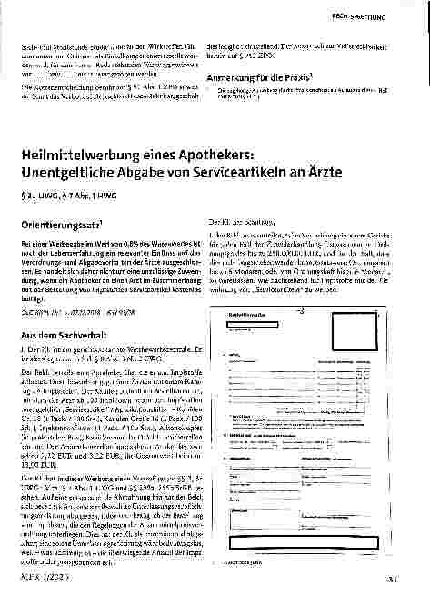 Vorschauseite 1: Heilmittelwerbung eines Apothekers: Unentgeltliche Abgabe von Serviceartikeln an Ärzte § 3a UWG, § 7 Abs. 1 HWG