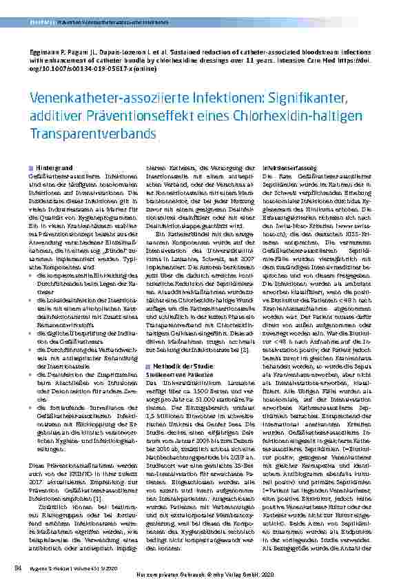 Vorschauseite 1: Venenkatheter-assoziierte Infektionen: Signifikanter, additiver Präventionseffekt eines Chlorhexidin-haltigen Transparentverbandes